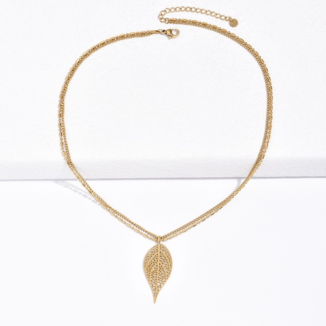 simple hollow leaf pendant two-layer chain titanium steel necklace NHMIY672648's discount tags