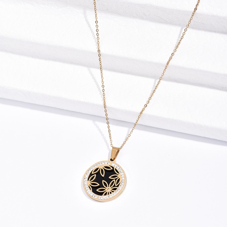 simple round flower diamond pendant titanium steel necklace's discount tags