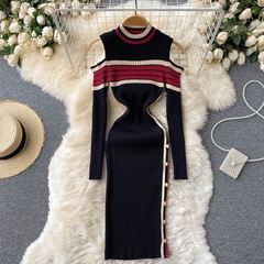 women's new knitted contrast color stripes dress