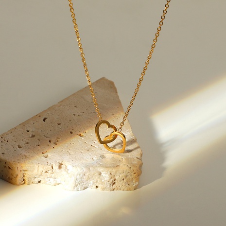 collier simple anneau double coeur en acier inoxydable or 18 carats en gros's discount tags