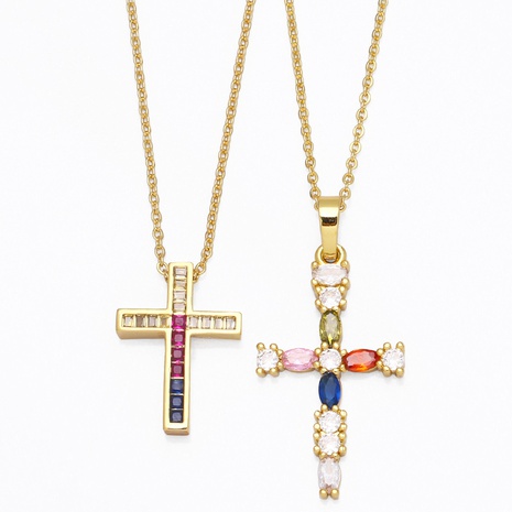 jewelry creative micro-set color zircon cross pendant copper collarbone chain NHAS668001's discount tags