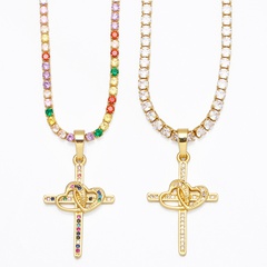 fashion single row diamond colored zircon heart cross copper clavicle chain