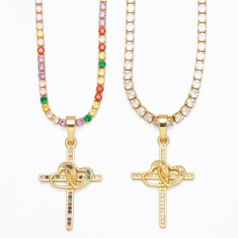 fashion single row diamond colored zircon heart cross copper clavicle chain NHAS668003's discount tags