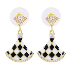 retro black and white lattice long fan-shaped checkerboard copper drop earrings wholesale
