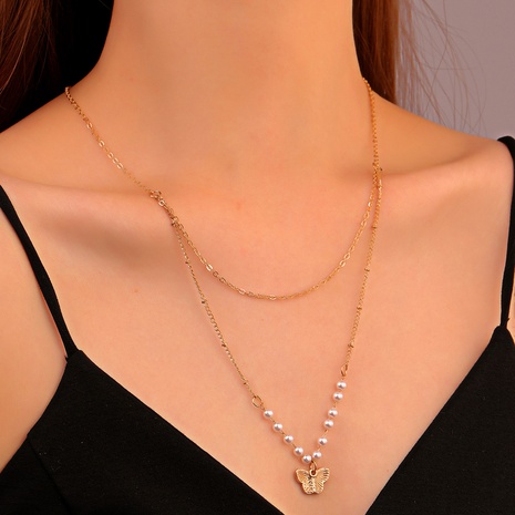 fashion double butterfly simple geometric pearl double layer necklace wholesale NHDP668021's discount tags