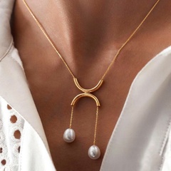 Einfache eingelegte Perle Quaste hängende geometrische Halbkreis-Doppelring-Halskette