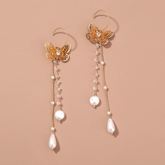 fashion C-shaped imitation pearl earrings butterfly long alloy tassel earrings