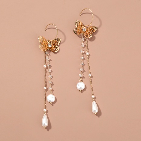 fashion C-shaped imitation pearl earrings butterfly long alloy tassel earrings NHDB668296's discount tags