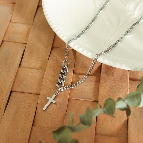 einfache feine Hohlkette Kreuz Halskette Schlüsselbeinkette Titan Stahl Halskette's discount tags