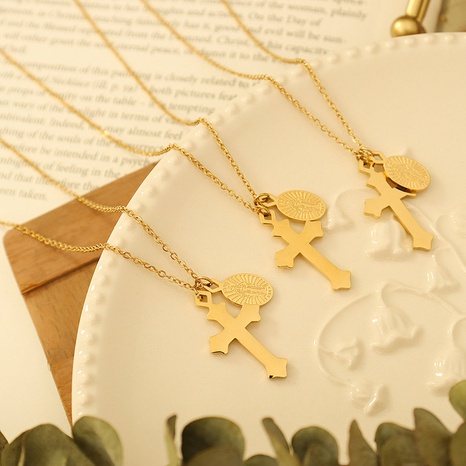 simple cross oval pendant titanium steel 18K gold necklace wholesale NHXIY668341's discount tags