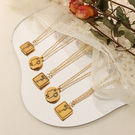 vintage square card round card pendant titanium steel plated 18K gold necklace NHXIY668352's discount tags