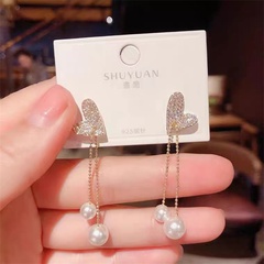 fashion long zircon heart-shaped pearl earrings simple alloy drop earrings