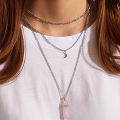 retro multi-layer hexagonal column pink crystal moon pendant necklace