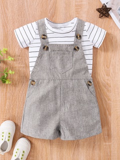 Children's Stripe Short Sleeve Triangle Top Strap Gray Pants Two-piece Set