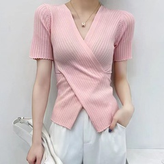 Irregular cross knitted ice silk short-sleeved women's bottoming V-neck top