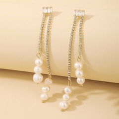 fashion inlaid rhinestone zircon pearl long tassel alloy earrings wholesale