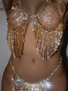 sexy rhinestone tassel geometric body chain bikini chest chain