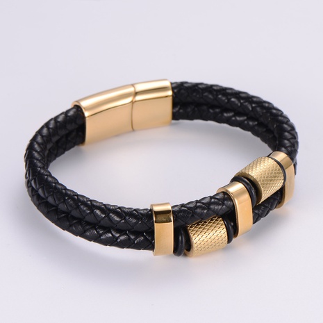 fashion leather jewelry stainless steel  18K gold double-layer leather rope bracelet's discount tags