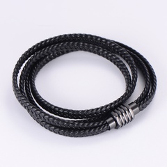 Fashion Multilayer Braided Black Leather Rope Stainless Steel Bracelet