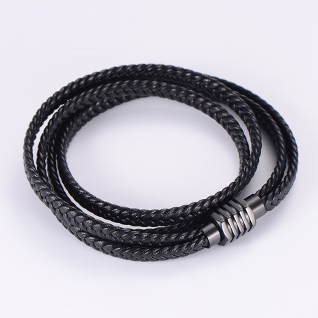 Fashion Multilayer Braided Black Leather Rope Stainless Steel Bracelet's discount tags