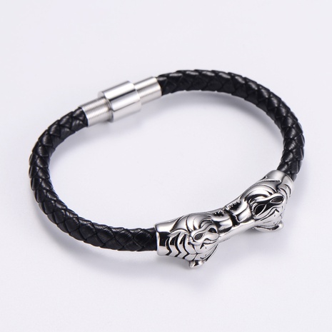 fashion magnet buckle stainless steel wolf head leather rope bracelet's discount tags