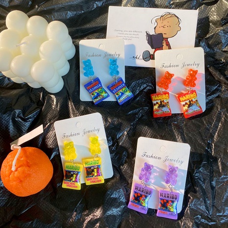 Creative bear candy bag ear studs childlike simulation food play earrings's discount tags