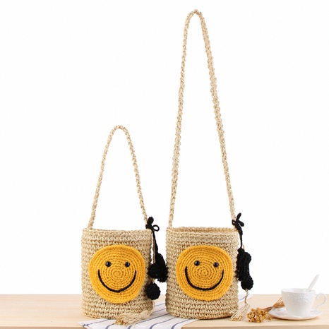 cute smiley face fringed ball hand-woven messenger straw bag 18*21cm NHSRH667803's discount tags