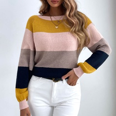 New Fashion Loose Round Neck Pullover Contrast Color Striped Sweater