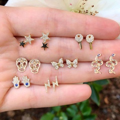 fashion diamond skull butterfly snake 7 pairs of set alloy stud earrings