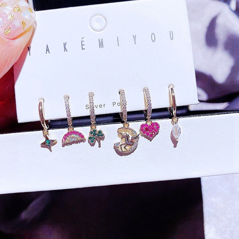 fashion inlaid zircon heart rainbow unicorn copper earrings wholesale's discount tags