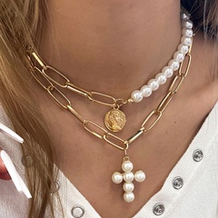 exaggerated multi-layer retro imitation pearl pendant cross necklace female