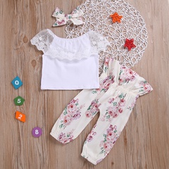 Summer girls suit lace ruffled sleeveless top floral trousers headband