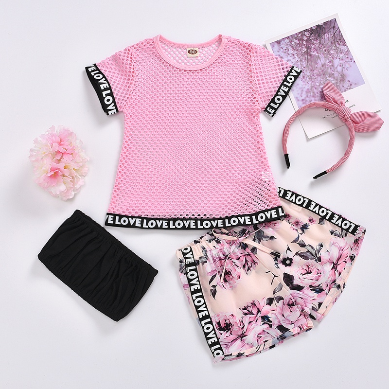 Sports suit childrens hollow solid color top tube top printed shorts hair accessories