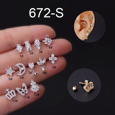 Single Titanium Steel Thin Rod Zircon Butterfly Crown Star Moon Screw Stud Earrings's discount tags