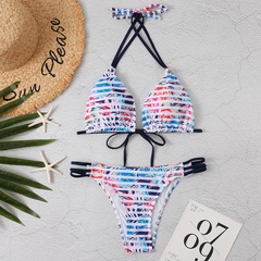 2022 New Contrast Color Striped Halter Sexy Split Bikini Swimsuit
