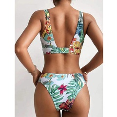 new contrast color leaf printing bikini split swimsuit