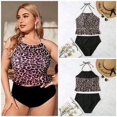 fashion leopard stripe printing lace-up neck halter high waist large size split swimsuit