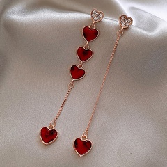 simple asymmetric set with rhinestones red heart chain earrings wholesale