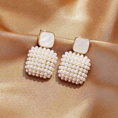 fashion inlaid full pearl geometric square alloy stud earrings wholesale