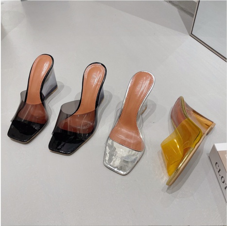 vintage simple transparent crystal heel slippers wedge heel square toe sandals's discount tags