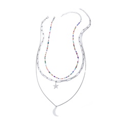 Mode nouveau bijoux étoile lune élément pendentif perle de riz chaîne en treillis multicouche collier en couches 2