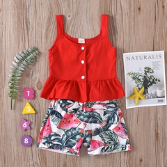 summer new girls' ruffled sling top watermelon printed shorts two-piece set