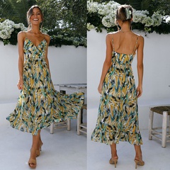 Fashion Spring Summer Sling Sleeveless V-Neck Large Swing Print Dress