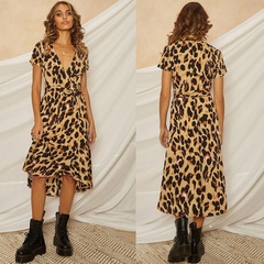 Fashion new deep v leopard print short-sleeved slit strap dress