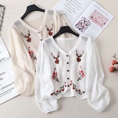 spring new ethnic style embroidered V-neck short knitted cardigan women's top