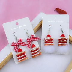 retro plaid bow cute mink plush ball strawberry cake ear clip Christmas earrings