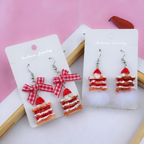 retro plaid bow cute mink plush ball strawberry cake ear clip Christmas earrings's discount tags