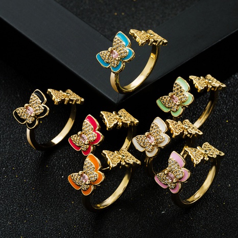 fashion copper gold-plated micro-set zircon drip oil butterfly open ring's discount tags