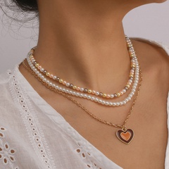 retro pearl women's multi-layer dripping oil heart necklace