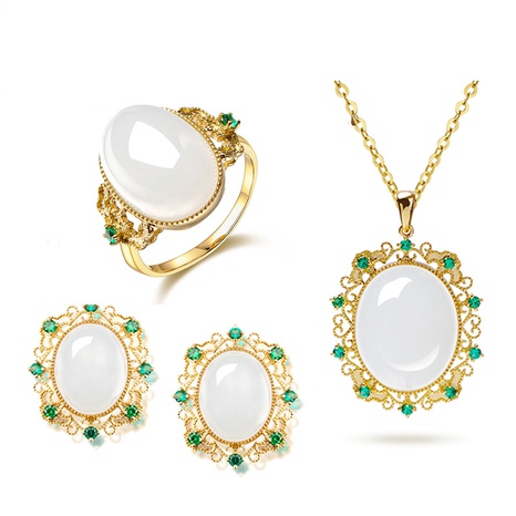 White chalcedony gold pendent necklace earrings open ring jewelry set's discount tags